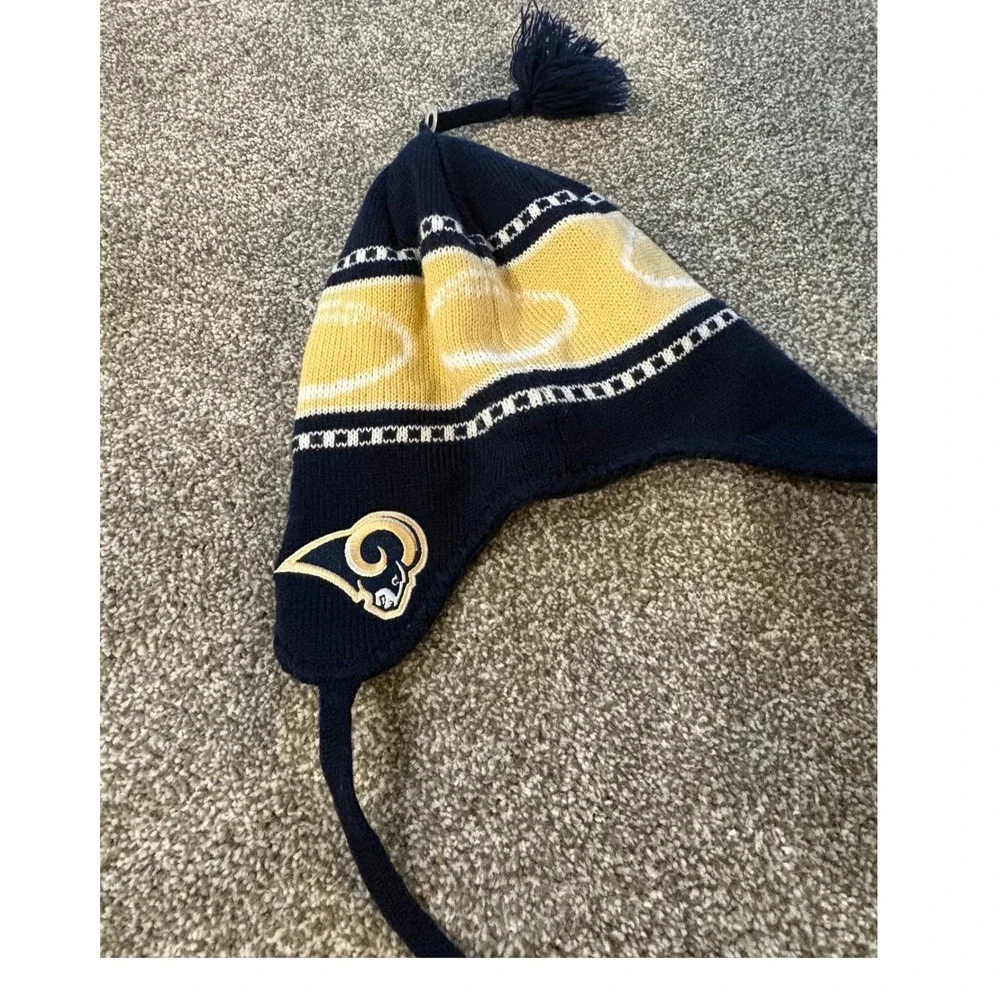 NFL Los Angeles Rams Kids Fleece Lined Knit Beanie Ear Flap Hat Navy Yellow